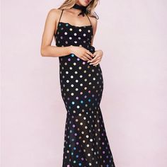 Super Super Cute And Never Worn Polka Dot Sleeveless Maxi Dress For Party, Sleeveless Polka Dot Maxi Dress For Party, Chic Polka Dot Maxi Dress For Party, Polka Dot Maxi Dress, Poka Dot, Long Slip Dress, Polka Dot Maxi Dresses, Black Halter Dress, Maxi Slip Dress