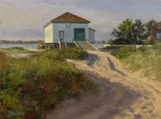 an oil painting of a house on the side of a dirt road next to a body of water