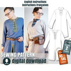 "PDF sewing pattern: VIKING TUNIC. This set contains 2 different models of medieval tunic pattern :   - model A (tunic with a straight collar, with contrasting decorative bands)   - model B (tunic with round neckline, with slit on front and back and contrasting decorative band) This unisex pattern is a perfect base for different live action role-playing costumes (LARP). It is also very suitable for Viking, Celtic or medieval inspired outfits. Available sizes: X-Small to 5X-Large  Our PDF patterns are available in several formats: - Letter (8½\"x11\") and A4 (210mm x 297mm) sizes are perfect for easy printing at home. - The archE (36\"x48\") and A0 (841mm x 1189mm) formats are designed for large format printing at your local copy center. * A tutorial is included to help you properly print a Medieval Inspired Outfits, Medieval Tunic, Viking Tunic, Viking Style, Tunic Pattern, Pdf Patterns, Letter Patterns, Pdf Sewing Patterns, Larp