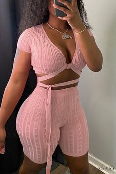 Lasaky - Chic Two-Piece Set: V-Neck Short Sleeve Top and Solid Frenulum Bottom in Lake Blue Pink Stretch V-neck Sets, Fitted V-neck Sets, Pink V-neck Stretch Sets, Casual Pink V-neck Sets, Non-stretch V-neck Sets For Spring, Spring V-neck Non-stretch Sets, Fitted V-neck Loungewear Sets, Two Piece Shorts Set, Knit Two Piece Set