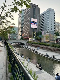 people sitting on the edge of a river in front of tall buildings and skyscrapers