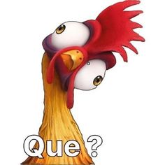 a cartoon chicken with the words que? on it's head and two eyes