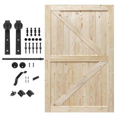 an image of a wooden door with hardware and tools