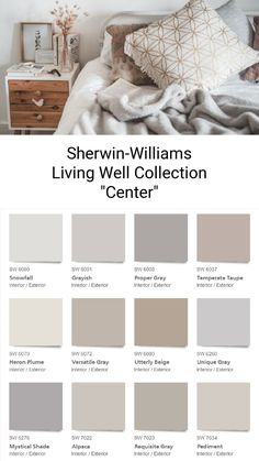 the sherylin williams living well collection color scheme is shown in shades of gray, beige