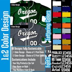 a baseball jersey with the number one on it and colors to choose from for each team