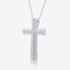 Features: Religious Jewelry, Certified DiamondsDiamond Clarity: I1Jewelry Closure: Spring Ring ClaspSetting: ProngShape: CrossStone Cut: RoundDiamond Color: H-IMetal Color: WhiteChain Length: 18 InchRounded Carat Weight: 1/4 Ct. T.w.Chain Construction: RopeCare: Wipe CleanStone Type: 22 Lab Grown DiamondAuthenticity: Lab Grown DiamondBirthstone: April BirthstoneMetal: Sterling SilverNecklace Type: Pendant NecklacesCountry of Origin: Imported Sterling Silver Cross Pendant, Silver Cross Pendant, Sterling Silver Cross, Cross Pendant Necklace, Religious Jewelry, Silver Cross, Spring Rings, White Diamond, Cross Pendant