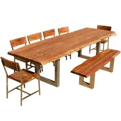 a wooden table with six chairs and two benches next to each other on a white background