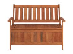 Brown wooden patio storage bench with slatted backrest, armrests, and under-seat storage compartment. Garden Storage Bench, Wooden Storage Bench, Outdoor Storage Bench, Wood Garden, Patio Storage, Patio Bar Set, Patio Bench, Seat Storage, Patio Sectional