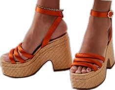 Orange High Heels For Summer, Orange Ankle Strap Heels For Spring, Orange Platform Sandals With Ankle Strap, Orange Platform Heels With Round Toe, Orange Platform Wedge Sandals For Summer, Orange Platform High Heels, Trendy Orange Wedge Sandals For The Beach, Trendy Orange Wedge Sandals For Spring, Orange High Heel Platform Shoes