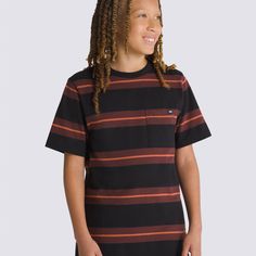 The Kids Turner Stripe Knit Shirt is a classic fit, short sleeve pocket shirt with a bold, yarn dye stripe that makes a fashion statement. 100% Cotton fabric Short sleeve pocket shirt Yarn dye stripe Classic fit | Vans Kids Turner Stripe Knit Shirt (Black-Bitter Chocolate) Medium Casual Striped Yarn-dyed Tops, Casual Yarn-dyed Striped Tops, Striped Short Sleeve Yarn-dyed Top, Black Horizontal Stripe Short Sleeve T-shirt, Black Cotton T-shirt With Vertical Stripes, Black Casual Shirt With Vertical Stripes, Bitter Chocolate, Vans Kids, Pocket Shirt