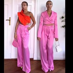 Look Stylish And Sophisticated In These Gorgeous Zara Full Length Satin Effect Pants 4661/502 Elegant Pink Long Pants Set, Elegant Pink Sets With Long Pants, Chic Ankle-length Pantsuit For Night Out, Elegant High Waist Spring Sets, Chic Wide-leg Pants Sets, Chic Ankle-length Pantsuit For Party, Elegant Pink Wide Leg Pants For Night Out, Spring Evening Ankle-length Wide Leg Pants, Chic Wide-leg Pants Set For Night Out