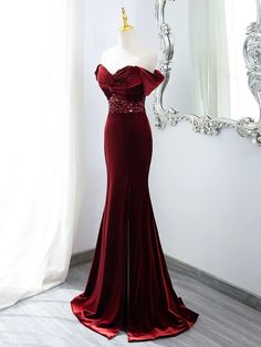 Wine Red Mermaid Velvet Long Party Dress Banquet Dress For Prom Season With Mermaid Hem, Banquet Dress With Mermaid Hem For Party Season, Mermaid Hem Dress For Prom Season Banquet, Mermaid Hem Dress For Banquet And Prom Season, Mermaid Hem Dress For Banquet And Prom, Gala Banquet Dress With Mermaid Hem, Mermaid Hem Dress For Banquet Party Season, Red Floor-length Mermaid Dress For Banquet, Party Season Mermaid Hem Dress With Sweep Train