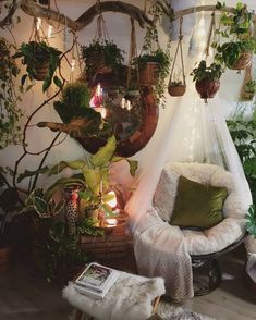 a room filled with lots of potted plants and hanging plants on the wall next to a chair