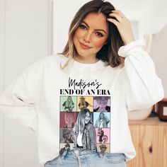 bachelorette sweatshirt for the bride and bridesmaids with an eras tour logo graphic with brides photos Theme Bachelorette Party, Theme Poster, Bachelorette Theme, Gift For The Bride, End Of An Era, Bride Photo, Bride Gifts