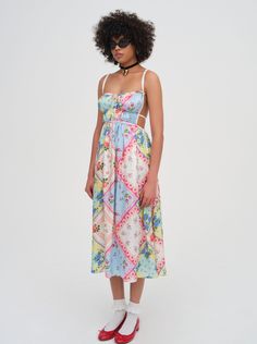 Multicolor Midi Dress With Floral Patchwork, Multicolor Floral Patchwork Midi Dress, Spring Floral Patchwork Midi Dress, Retro Square Neck Midi Summer Dress, Retro Square Neck Midi Dress For Summer, Printed Midi Dress With Square Neck For Garden Party, Multicolor Patchwork Midi Dress, Square Neck Printed Midi Dress For Garden Party, Multicolor Patchwork Dresses For Daywear