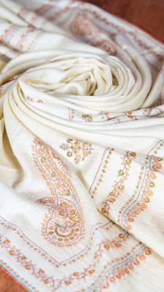 Wedding Pashmina Shawl Hand Embroidery Designer Off White Scarf Warm Neck Wrap Off White Scarf, Wedding Pashmina, Kashmir India, White Scarf, White Scarves, Jammu And Kashmir, Pashmina Shawl, Neck Wrap, Wool Fabric