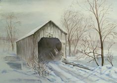 a painting of a covered bridge in the snow