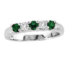 Celebrate her May birthday with a ring that's just her style. Fashioned in cool 14K white gold, this elegant ring features alternating 3.0mm lush green emeralds and shimmering white diamonds, creating a look that grabs the eye and doesn't let go. Sparkling with 1/5 ct. t.w. of diamonds and buffed to a brilliant luster, this ring is one she'll be proud to wear. Green Diamond Ring For Anniversary With Half Eternity Band, Green Diamond Half Eternity Ring For Anniversary, Classic Half Eternity Emerald Ring, Green Diamond Birthstone Ring With Round Band, Green Diamond Ring With Half Eternity Band, White Gold Emerald Diamond Ring With Three Stones, Green Diamond Half Eternity Ring, Green Diamond Accent Rings In Round Cut, Formal Green Birthstone Ring With Diamond Accents