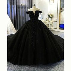 (eBay) Black Off The Shoulder Ball Gown Wedding Dresses Glitter Tulle Lace Bridal Gowns Black Poofy Wedding Dress, Glittery Black Quince Dress, Black Prom Dress Long Sparkly Ball Gowns, Qencenera Dresses Black, Black Qencenera Dress, Black Wedding Dress Black Women, Black Cinderella Dress, Black Wedding Dress Princess, Quince Black Dresses