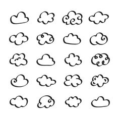 the different clouds are drawn in black and white on a white background, each cloud has four