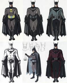 four different batman costumes are shown in this drawing style, and each is drawn by hand