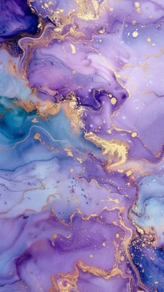 an abstract painting with gold and purple colors