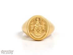 "Gold Men Signet Ring - Coat of Arms Ring - Armorial Ring - Family Crest Ring Dimensions: 1.5 x 1.3cm of oval face Your custom signet ring is made out of Sterling Silver 925. Select \"MY DESIGN\" and your desired finish for the creation of your own family crest signet ring. By selecting \"AS IN PHOTO\" your ring will be made in the same design as in the images. ♠ Face can be made in 3D relief or embossed in seal ring type. ♠ We discuss together your ideal jewelry design, in shape, style, and det Formal Yellow Gold Coat Of Arms Ring, Classic Coat Of Arms Ring, Classic Formal Rings With Coat Of Arms, Classic Coat Of Arms Collectible Rings, Ceremonial Oval Ring With Engraving Option, Vintage Coat Of Arms Ring As A Gift, Heirloom Coat Of Arms Jewelry For Anniversary, Oval Coat Of Arms Jewelry Gift, Clan Logo