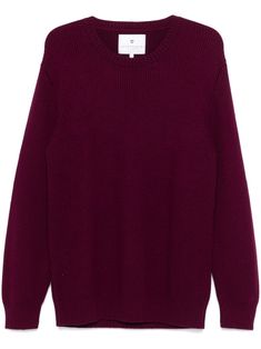 burgundy wool ribbed knit crew neck long sleeves embroidered logo at the sleeve straight hem When buying this unisex item, keep in mind that it is graded in standard men's sizing. Wool Sweaters Womens, Latest Sweater, Burgundy Sweater, Merino Wool Sweater, Beige Sweater, Brown Sweater, Wool Blend Sweater, Light Weight Sweater, Red Sweaters