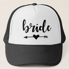 a black and white trucker hat with the word bride printed on it