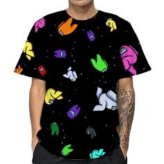 16 Novelty Black T-shirt For Summer, Novelty Multicolor Short Sleeve T-shirt, Gamer T-shirt With Character Print And Crew Neck, Black Short Sleeve Shirt With Cartoon Print, Black Novelty T-shirt For Summer, Black Short Sleeve Gamer Tops, Gamer Graphic Print Short Sleeve Tops, Novelty Multicolor Crew Neck T-shirt, Gamer Style Character Print Tops For Streetwear