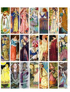 many different colored pictures of women in dresses