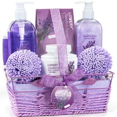 the lavender gift basket is filled with personal care products