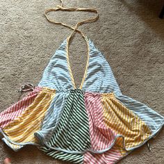 New, In Excellet Condition This Is A Medium Sized Halter Top From Anthropologie. New With Tags. Soft Fabric, Colorful Stripes (Green, Yellow, Pink, Baby Blue) Ties Around The Neck. Bought In The Early Summer & Never Worn Multicolor Stretch Triangle Top, Yellow Triangle Top For Spring, Yellow Triangle Halter Top For Spring, Casual Multicolor Stretch Halter Top, Spring Yellow Triangle Halter Top, Multicolor Triangle Top Beachwear, Casual Multicolor Triangle Halter Top, Multicolor V-neck Halter Top For Summer, Multicolor V-neck Halter Top For Spring