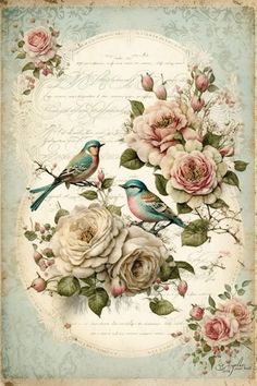 two birds sitting on top of roses and leaves in front of a white circle with words