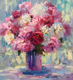 a painting of pink and white flowers in a purple vase