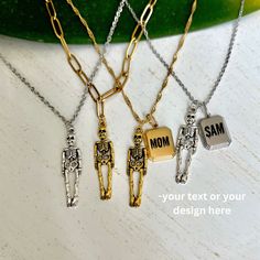 Our Personalized Tiny Sterling Silver Human Skeleton Necklace is a truly unique and one-of-a-kind piece of Halloween jewelry. Crafted with attention to detail, this miniature skeleton pendant is made from high-quality sterling silver, showcasing its delicate and intricate design. Customize the necklace by adding a personal touch with initials, a name, or a special date, making it a meaningful keepsake or a gift for someone who loves spooky and unique accessories. This dainty skeleton necklace is Collectible Gold Jewelry For Halloween, Day Of The Dead Skull Jewelry Gift, Unique Nickel-free Necklaces For Halloween, Halloween Novelty Necklaces As Gift, Unique Gold Halloween Jewelry, Unique Gold Jewelry For Halloween, Spooky Nickel-free Jewelry Gift, Spooky Nickel-free Jewelry For Gifts, Spooky Skull Jewelry For Gifts