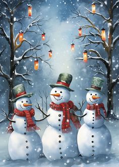 three snowmen standing next to each other with lanterns hanging from the trees in the background