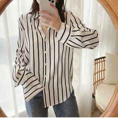 Rarove-2024 Spring/Summer Fashion Satin Striped Women's Shirts New Silk Vintage Blouses Loose Spring/Summer Ladies Clothing FASHION Long Sleeves Prints Tops 2024 Spring Summer Fashion, Vintage Blouses, Striped Shirt Women, Ladies Clothing, Summer Fabrics, Loose Blouse, Striped Fabrics, Women's Shirts, Blouse Vintage