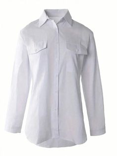 Casual style. Unique look. Buttons close. V-neck. Long sleeve. Color may be lighter or darker depending of the device it is displayed. V-neck Workwear Shirt With Pockets, V-neck Shirt With Pockets For Work, Fitted White Blouse With Pockets, White V-neck Tops With Pockets, White V-neck Shirt With Pockets, White Office Tops With Pockets, White Office Top With Pockets, Casual V-neck Office Shirt, Classic Solid Color V-neck Shirt