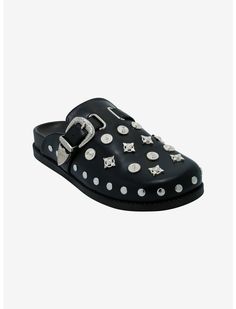 Azalea Wang Black & Silver Studded Mules | Hot Topic Black Studded Mules With Round Toe, Black Leather Studded Mules, Body Jewelry Diy, School Fit, Azalea Wang, Blue Beetle, Jewelry Diy, Black Flats, Black Faux Leather