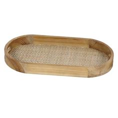 an oval wooden tray with handles and wicker design on the bottom, set against a white background