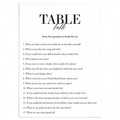 Printable Conversation Starter Table Talk Questions by LittleSizzle Wedding Table Questions, Table Questions Conversation Starters, Dinner Table Questions Families, Table Talk Questions For Women, Dinner Questions For Adults, Dinner Party Games For Adults At The Table, Questions For Family Dinner Table, Table Topics Questions Toastmasters, Games For Dinner Parties