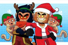 three cartoon characters dressed up as santa claus