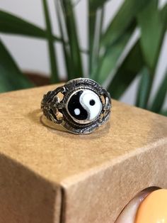 Vintage silver Yin Yang motif ring size 53 \ 6,5 Uk Nickel Free White Round Ring, Symbolic White Sterling Silver Rings, Handmade Symbolic White Rings, Symbolic Handmade White Rings, White Open Ring Spiritual Style, Adjustable White Symbolic Rings, Adjustable Symbolic Midi Rings, Pisces Ring, Yin Yang Ring