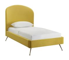 a bed with a yellow headboard and white sheets on it's sides, against a white background