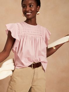 Pintuck Ruffle-Sleeve Top | Banana Republic Feminine Cotton Blouse With Butterfly Sleeves, Chic Cotton Blouse With Butterfly Sleeves, Feminine Flutter Sleeve Top With Ruffle Hem, Cotton Blouse With Flutter Sleeve And Relaxed Fit, Chic Blouse With Ruffle Sleeve And Relaxed Fit, Cotton Tops With Ruffle Sleeves For Daywear, Cotton Blouse With Relaxed Fit And Flutter Sleeves, Relaxed Fit Cotton Blouse With Flutter Sleeves, Chic Relaxed Fit Blouse With Ruffle Hem