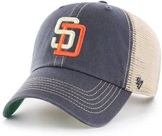 the san francisco giants'47 hat is shown in blue and white with an orange logo