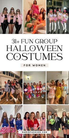 a group of girls dressed up in costumes for halloween and the words, fun group halloween costumes for women