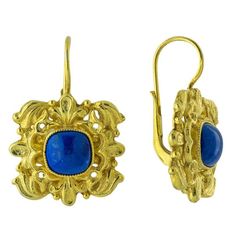 Regal earrings such as these could have adorned Henry VIII's first wife Catherine, who was lucky enough to have been merely divorced and not beheaded. The vivid blue lapis lazuli stone are set in an elaborate open work heraldic design. Hand crafted of 24k gold over sterling silver. European Back. Size: 1 1/8 inch. Catherine Of Aragon, Replica Jewelry, Lapis Earrings, Lapis Lazuli Earrings, Art Deco Diamond Rings, Blue Lapis Lazuli, Lapis Lazuli Stone, Ear Candy, Aragon