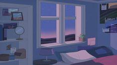 a bedroom with a bed, desk and window overlooking the ocean at night time is shown in an animated style